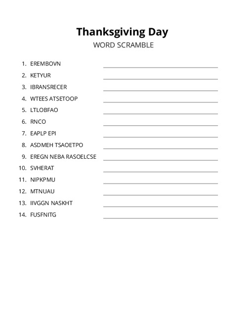 Thanksgiving Day Word Scramble Puzzle