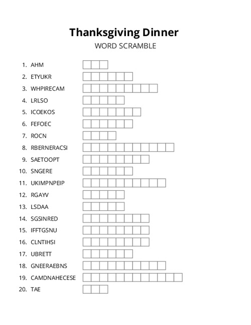 Thanksgiving Dinner Word Scramble Puzzle