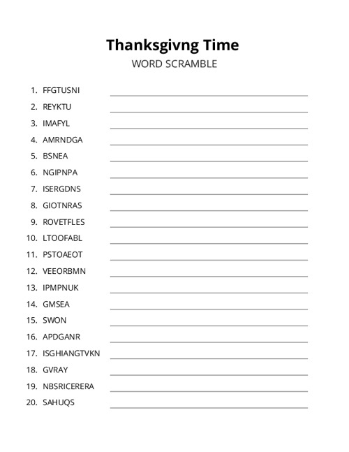 Thanksgivng Time Word Scramble Puzzle