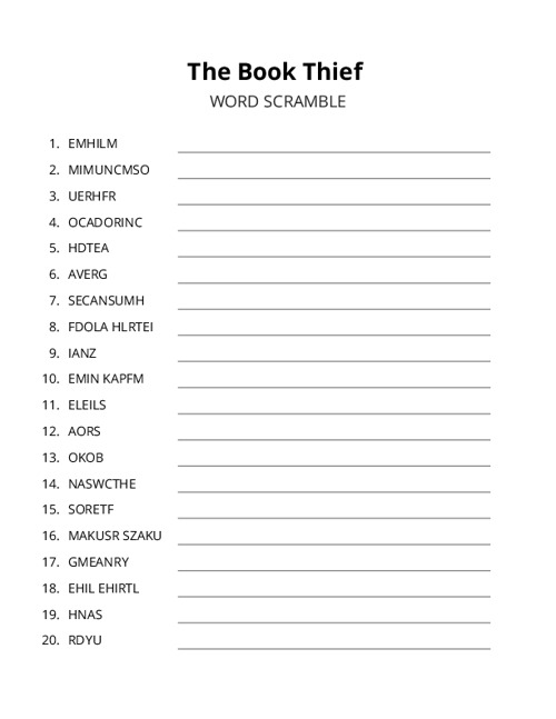 The Book Thief Word Scramble Puzzle