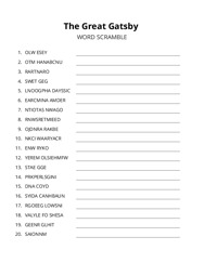 The Great Gatsby word scramble puzzle
