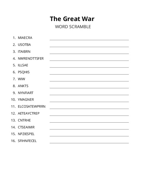The Great War Word Scramble Puzzle