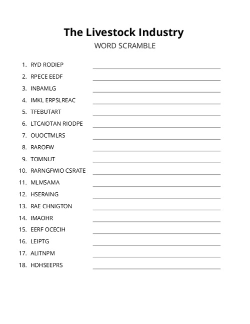 The Livestock Industry Word Scramble Puzzle