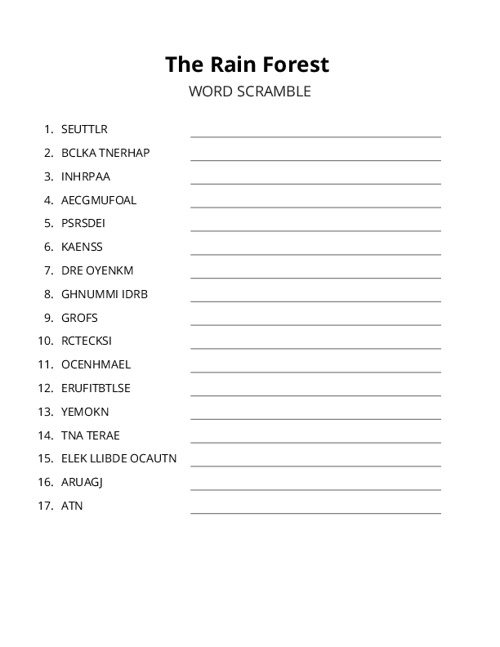 The Rain Forest Word Scramble Puzzle