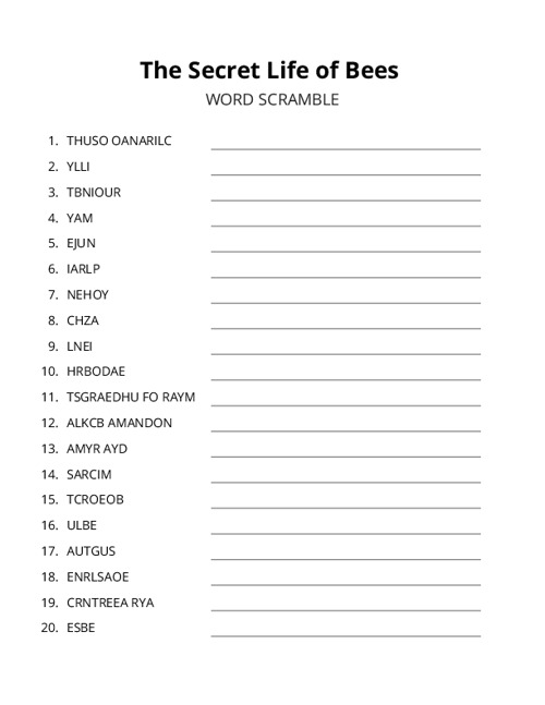 The Secret Life of Bees Word Scramble Puzzle