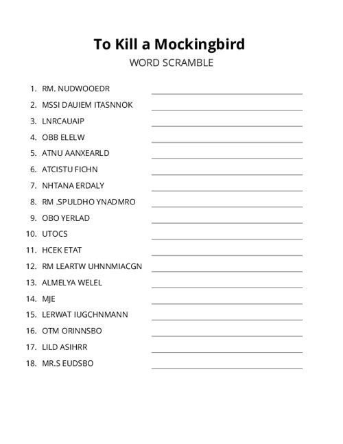 To Kill a Mockingbird Word Scramble Puzzle