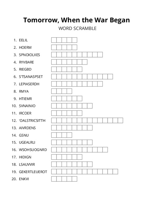 Tomorrow, When the War Began Word Scramble Puzzle
