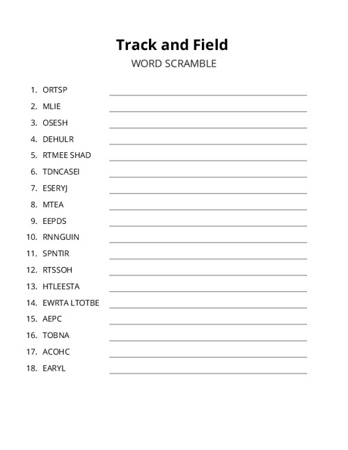Track and Field Word Scramble Puzzle