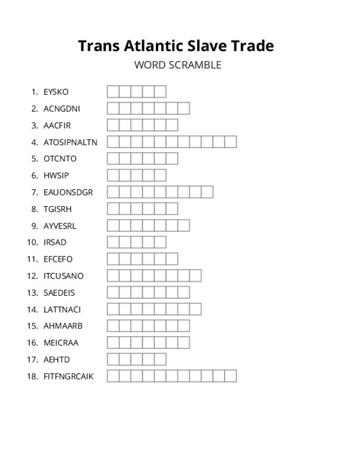 Trans Atlantic Slave Trade Word Scramble Puzzle
