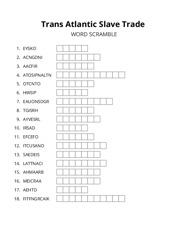 Trans Atlantic Slave Trade word scramble puzzle