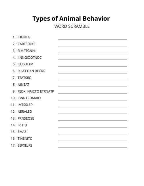 Types of Animal Behavior Word Scramble Puzzle