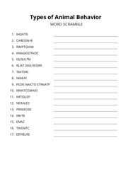 Types of Animal Behavior word scramble puzzle