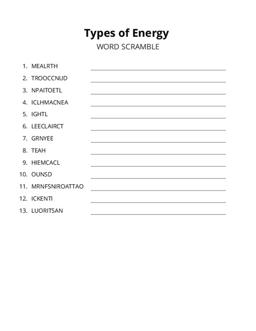 Types of Energy Word Scramble Puzzle