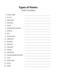 Types of Poems word scramble puzzle