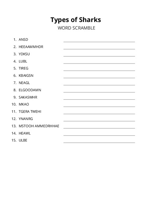 Types of Sharks Word Scramble Puzzle