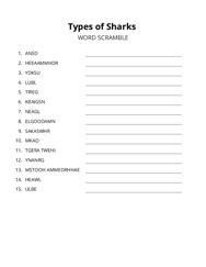 Types of Sharks word scramble puzzle