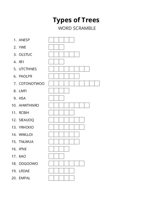 Types of Trees Word Scramble Puzzle