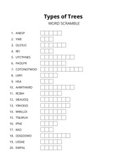 Types of Trees word scramble puzzle