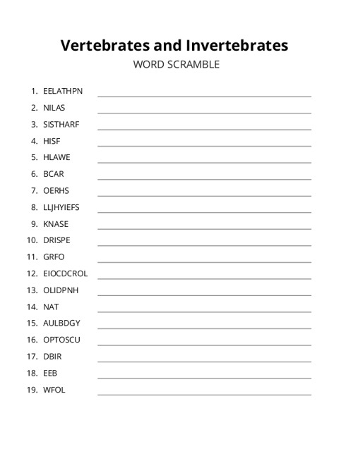 Vertebrates and Invertebrates Word Scramble Puzzle