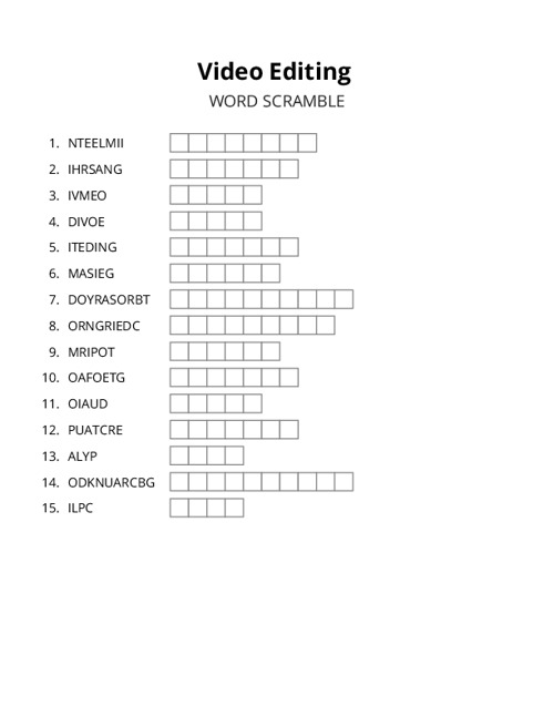 Video Editing Word Scramble Puzzle