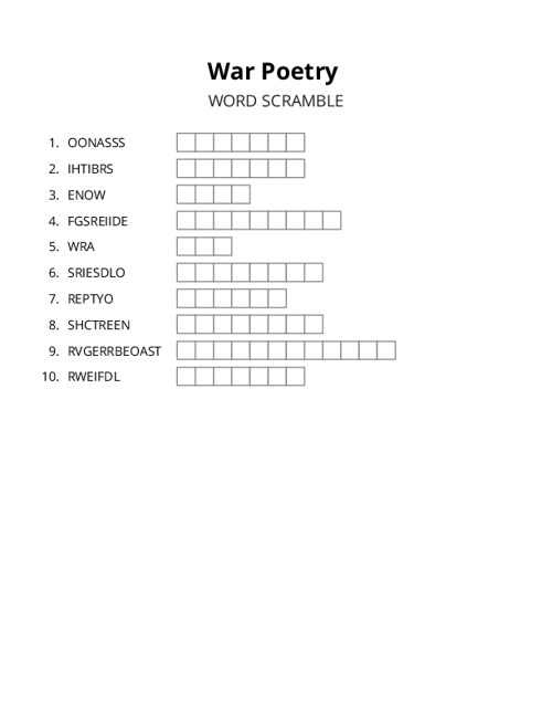 War Poetry Word Scramble Puzzle