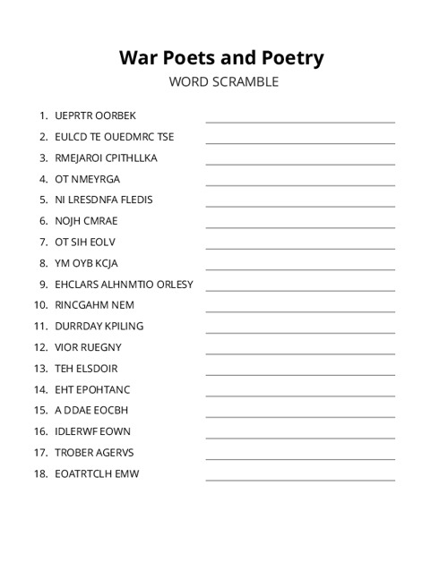 War Poets and Poetry Word Scramble Puzzle
