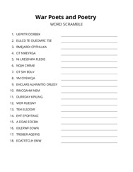 War Poets and Poetry word scramble puzzle