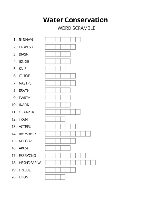 Water Conservation Word Scramble Puzzle