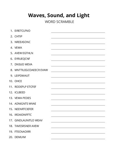 Waves, Sound, and Light Word Scramble Puzzle