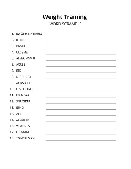 Weight Training Word Scramble Puzzle