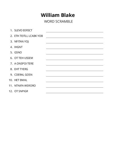 William Blake Word Scramble Puzzle
