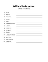 William Shakespeare word scramble puzzle