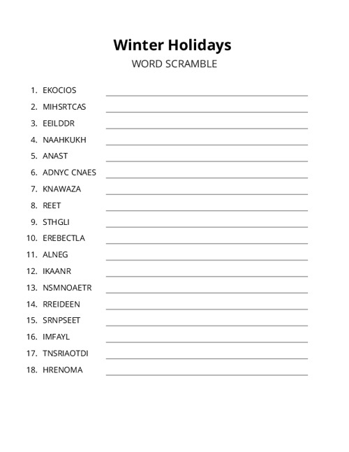 Winter Holidays Word Scramble Puzzle