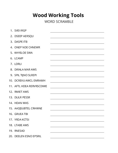 Wood Working Tools Word Scramble Puzzle