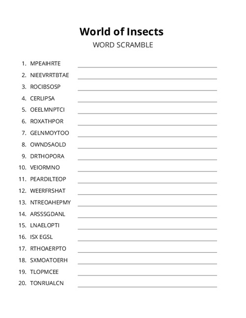 World of Insects Word Scramble Puzzle