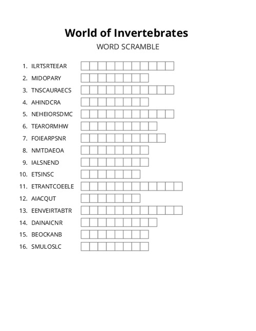 World of Invertebrates Word Scramble Puzzle