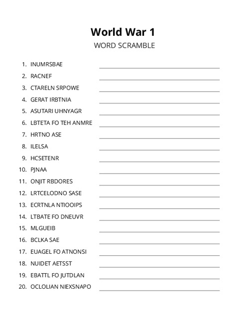 World War 1 Word Scramble Puzzle