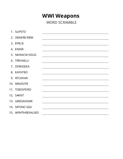 WWI Weapons Word Scramble Puzzle