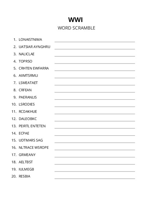WWI Word Scramble Puzzle