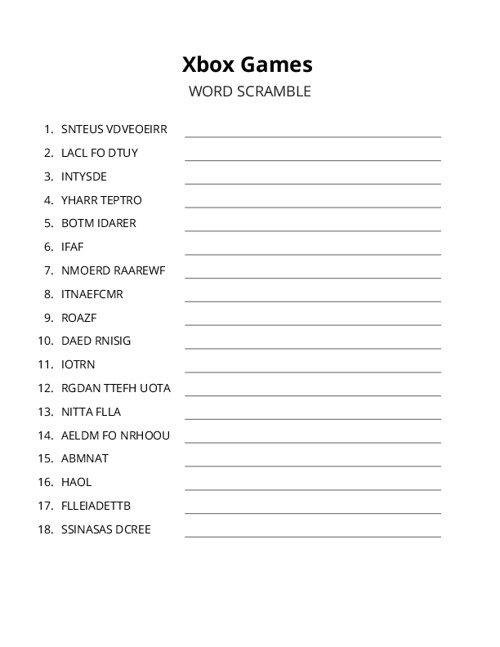Xbox Games Word Scramble Puzzle