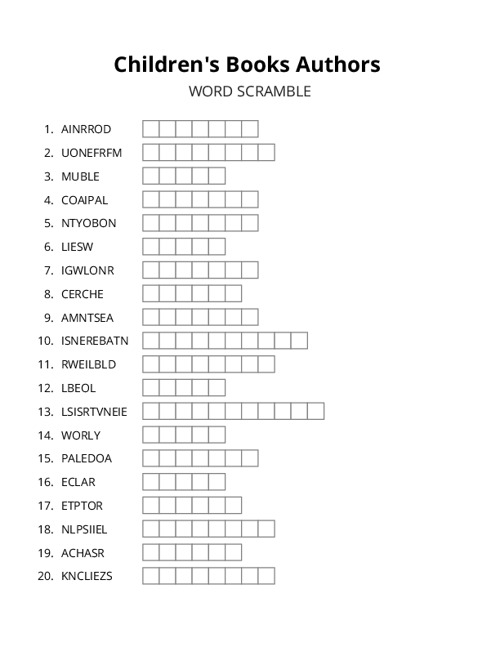 Children's Books Authors Word Scramble Puzzle
