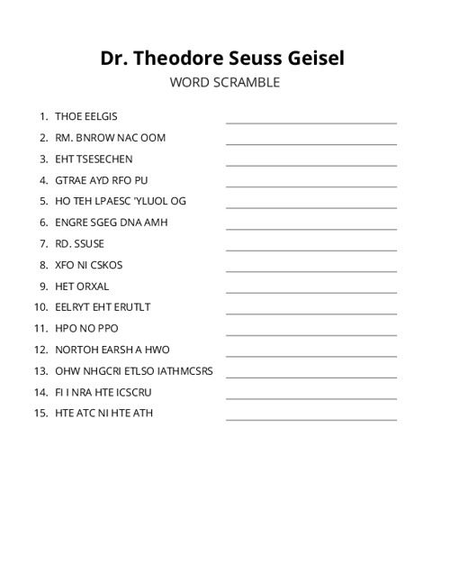Dr. Theodore Seuss Geisel Word Scramble Puzzle