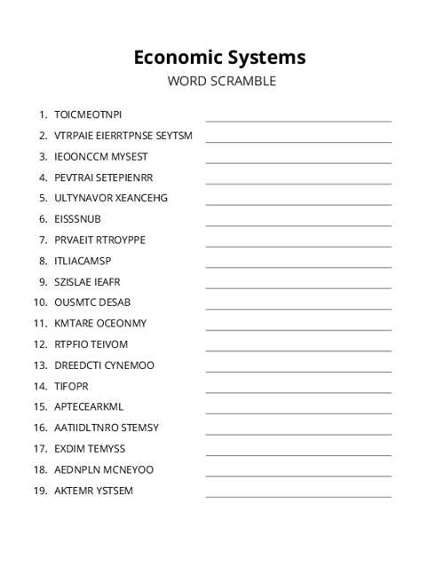 Economic Systems Word Scramble Puzzle