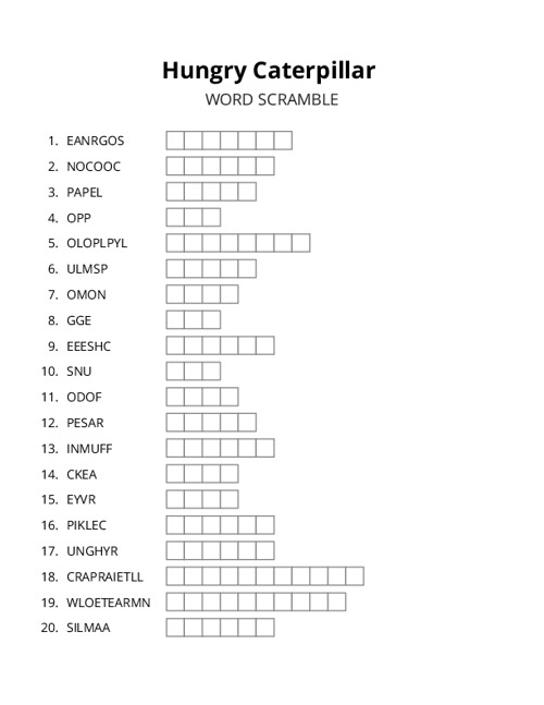 Hungry Caterpillar Word Scramble Puzzle