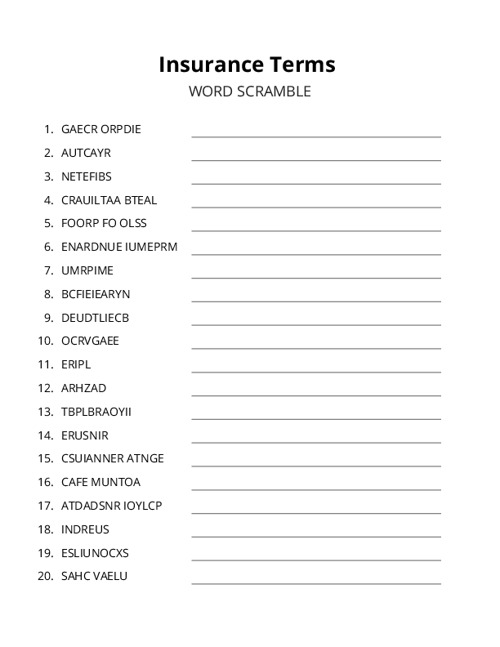 Insurance Terms Crossword Puzzle