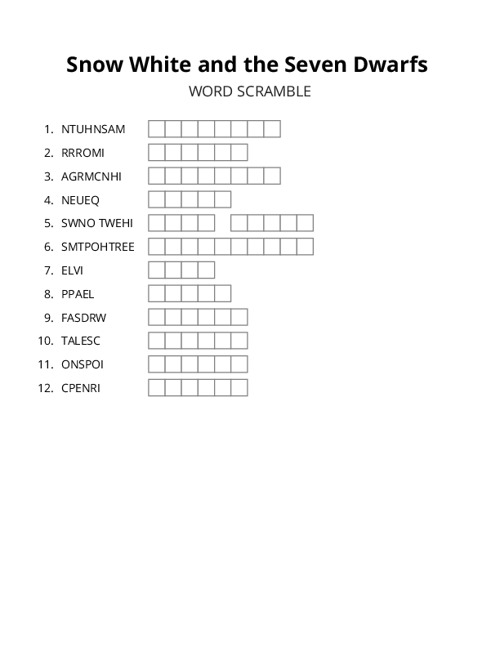 Snow White and the Seven Dwarfs Word Scramble Puzzle