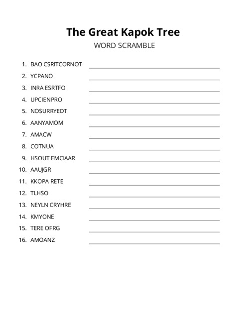 The Great Kapok Tree Word Scramble Puzzle