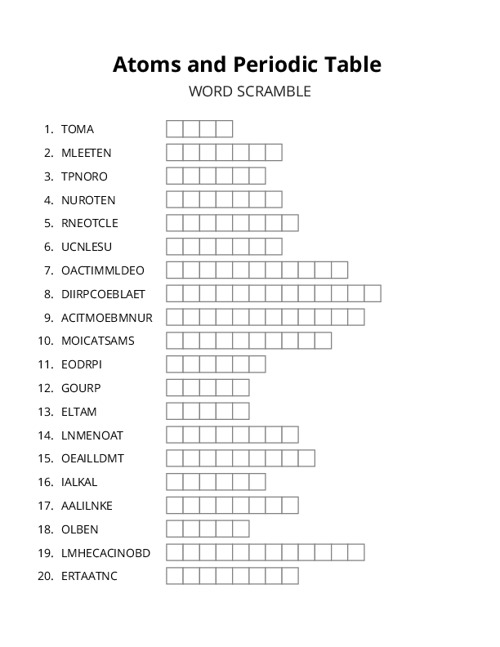 Atoms and Periodic Table Word Scramble Puzzle