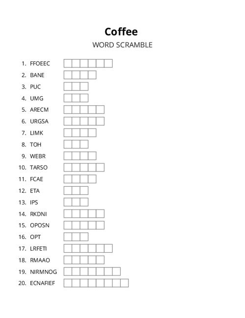 Coffee Word Scramble Puzzle