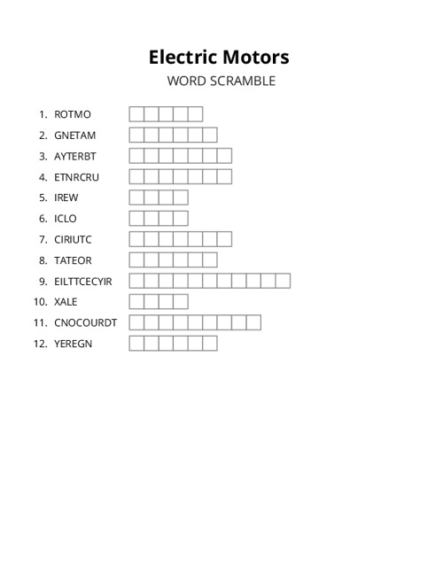 Electric Motors Word Scramble Puzzle
